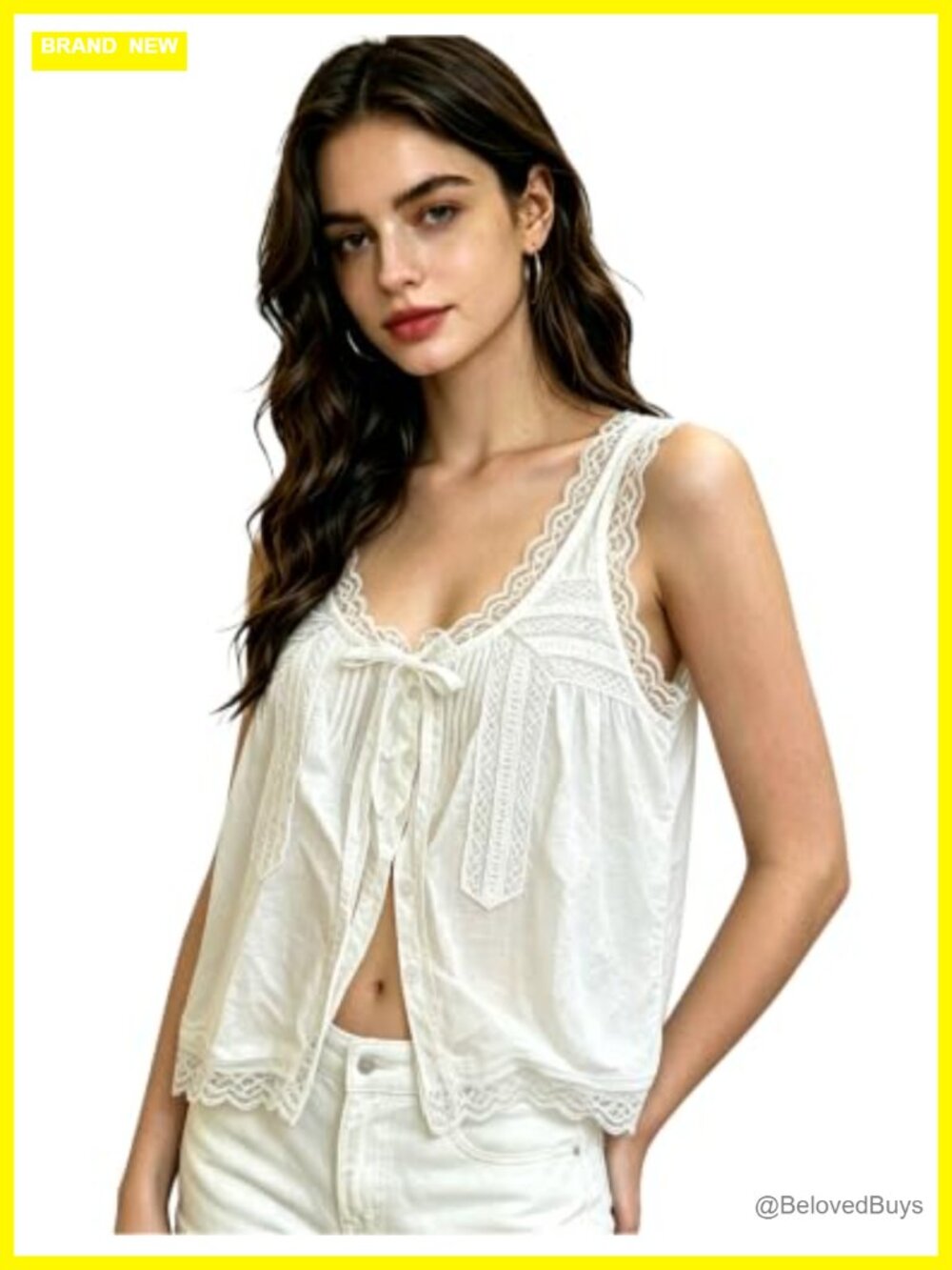 100% Cotton Boho Lace Trim Tie Front Button Down Flowy Crop Tank Top Summer